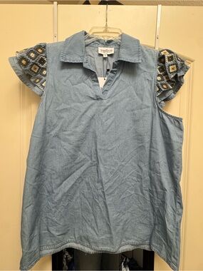 Light Blue Denim Polo Blouse with Embroidered Sleeves